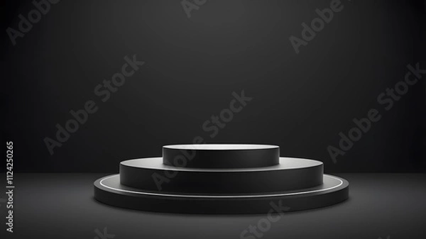 Fototapeta Black cylindrical platform sits on black background. 3D podium