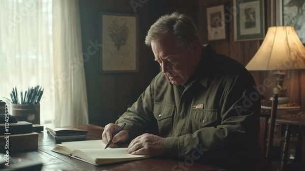 Fototapeta Thoughtful Elderly Man Writing in a Notebook in a Rustic Room with Warm Light and Vintage Decor, Capturing Moments of Reflection and Creativity