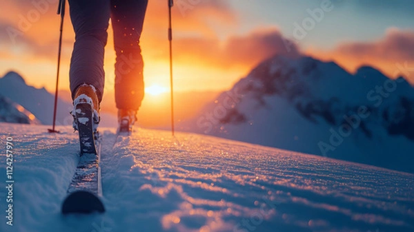 Fototapeta Cross country skiing banner, winter sport on snowy track, with sunset in mountains background.