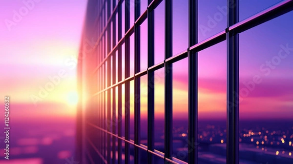 Fototapeta close up view of futuristic building with grid structure, showcasing vibrant colors of sunset. scene evokes sense of modernity and tranquility