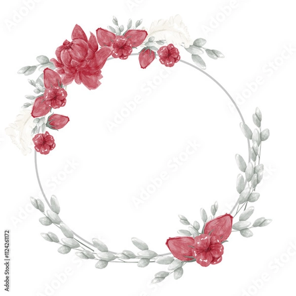 Fototapeta Round Floral Watercolor Frame with Red Peonies, Lotus, Closed Buds, Green Foliage, Delicate Vegetation Twigs, for Invitations, Cards, Printing and Web