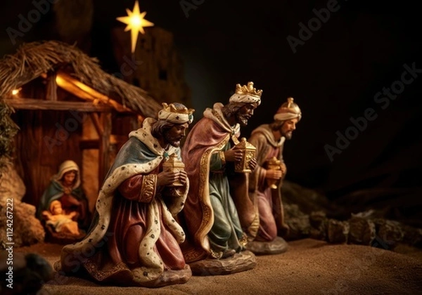 Fototapeta Three wise men at the nativity scene with mary, joseph, and baby jesus