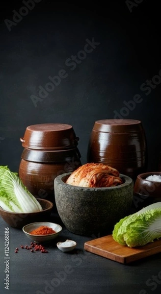 Fototapeta Traditional korean fermentation: kimchi and jangdok with fresh ingredients