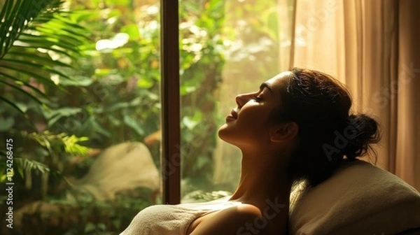 Fototapeta Tranquil Woman Relaxing by Window, Serene Spa Day, Peaceful Moment, Natural Light, Lush Greenery