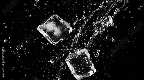 Fototapeta ice cubes with water particles splash in motion air, on black background for overlay