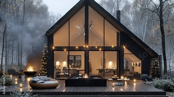 Fototapeta A modern countryside cottage with sleek black cladding, featuring panoramic glazing with angular shapes and large triangular windows. The house is adorned with glowing string lights.
