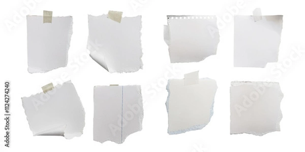 Fototapeta Collection of Blank Torn Paper Sheets with Tape, png collection isolated on transparent background