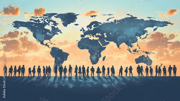 Fototapeta Silhouetted figures of people walking in front of a large world map, symbolizing global unity, travel, migration, teamwork, and international connections under a scenic sky