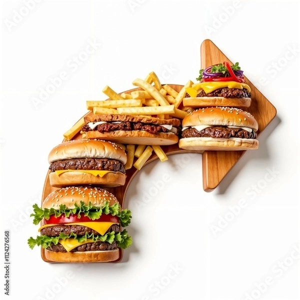 Obraz right arrow of fast food, food, hamburger, cheeseburger, French fries, sandwich, on a wooden board, banner for signs on the highway to the restaurant isolated on white