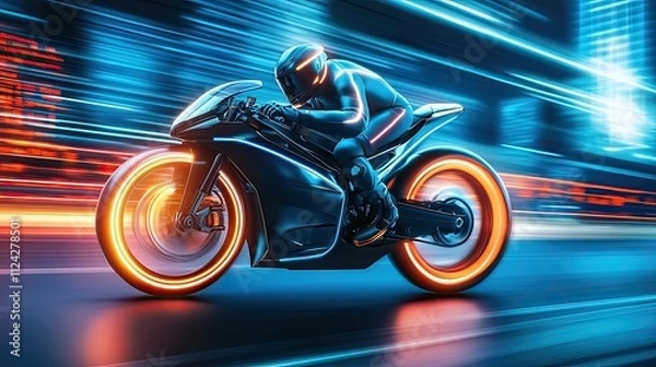 Fototapeta Futuristic Motorcyclist Speeding Through a Neon-Lit City at Night