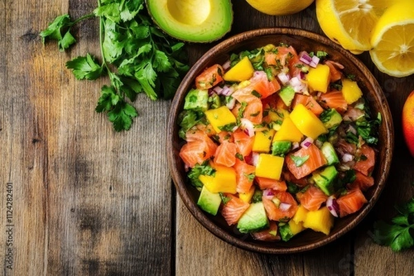 Obraz Salmon ceviche topped with lemon mango and avocado on a wooden surface