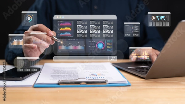 Fototapeta Examines dynamic data visualizations and analytics on multiple screens, highlighting contemporary data-driven decision-making processes scene reflects integration of technology in business strategies