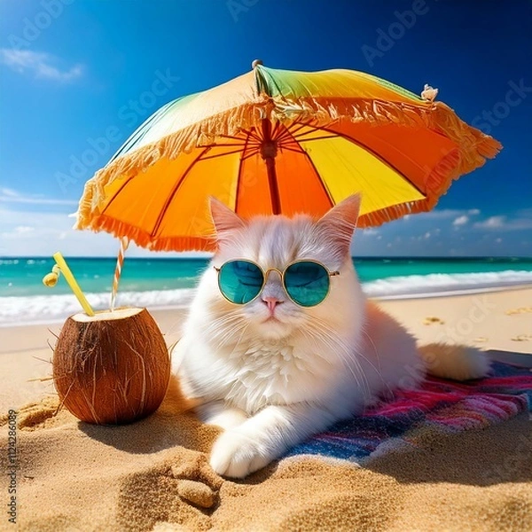 Fototapeta Cool Cat Chilling on the Beach, Generated AI