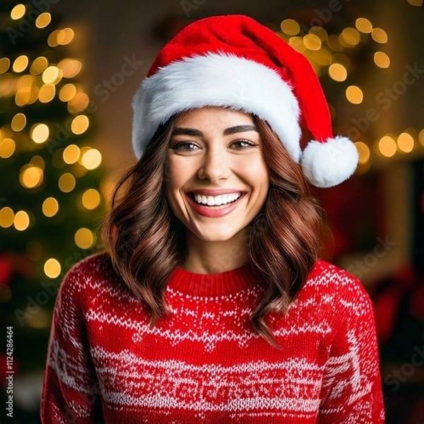 Fototapeta Joyful Woman in Santa Hat: Festive Holiday Cheer, Generated image