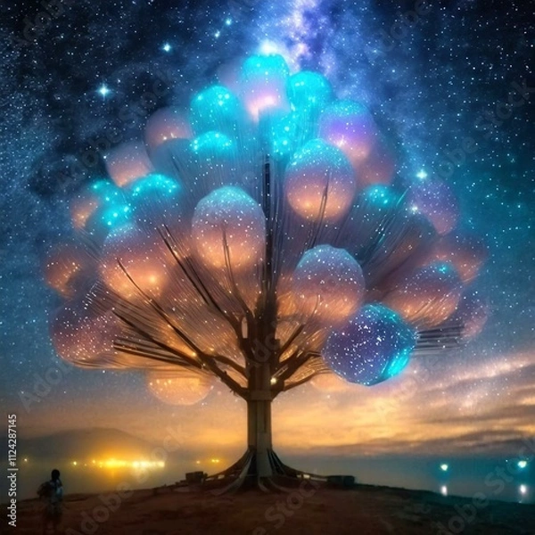 Obraz 고요한 분위기, 거대한 나무 주변 다채로운 데코레이션, 멋진 밤하늘 일러스트