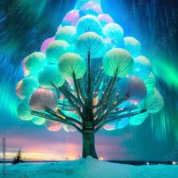 Obraz 멋진 오로라 하늘, 고요한 분위기, 거대한 나무 주변 알록달록 멋진 장식 일러스트