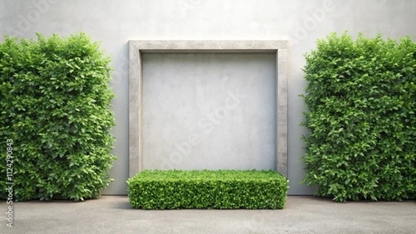 Fototapeta Serene outdoor display with verdant hedges flanking a minimalist concrete alcove and a low grassy platform