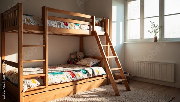 Fototapeta A cozy, morning atmosphere in a children's bedroom with a wooden bunk bed. The room is bright with soft sunlight streaming in through a window, casting gentle shadows on the floor. 