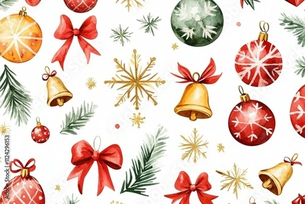 Obraz A seamless watercolor pattern showcasing festive Christmas decorations such as ornaments