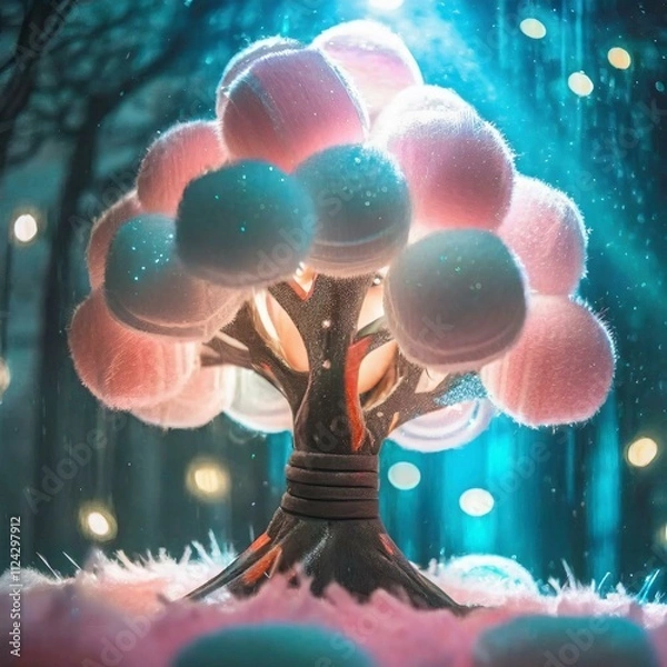 Obraz 파스텔 색상의 솜사탕으로 만든 거대한 나무 장식 데코레이션, 다채로운 배경, 포스터, 배너에 사용할 수 있는 공간. 03