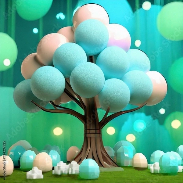 Obraz 파스텔 색상의 솜사탕으로 만든 거대한 나무 장식 데코레이션, 다채로운 배경, 포스터, 배너에 사용할 수 있는 공간. 04