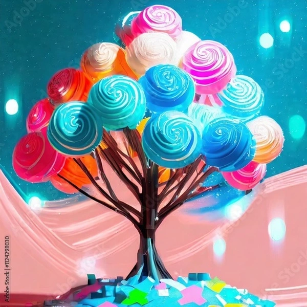 Obraz 파스텔 색상의 솜사탕으로 만든 거대한 나무 장식 데코레이션, 다채로운 배경, 포스터, 배너에 사용할 수 있는 공간. 02