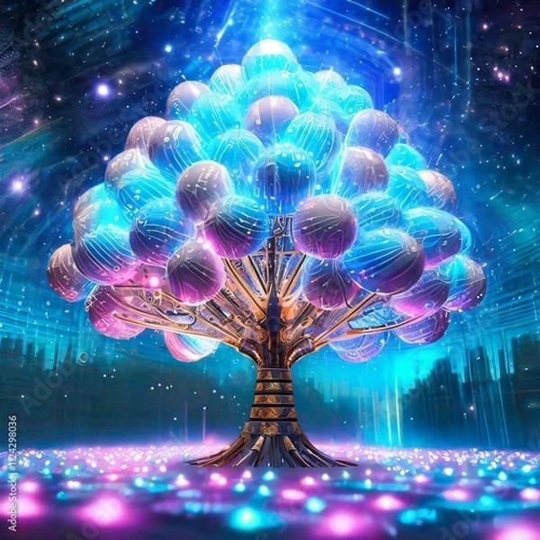 Obraz 파스텔 색상의 솜사탕으로 만든 거대한 나무 장식 데코레이션, 다채로운 배경, 포스터, 배너에 사용할 수 있는 공간