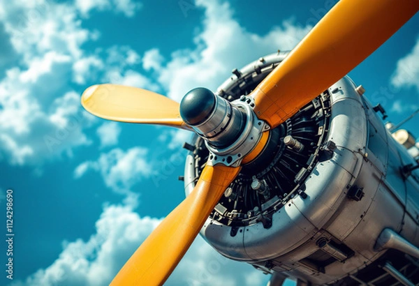 Fototapeta A close-up view of the propeller and engine of a vintage biplane against a blue sky with clouds