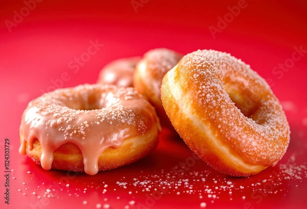 Fototapeta Freshly fried donuts with a sugary coating on a red background