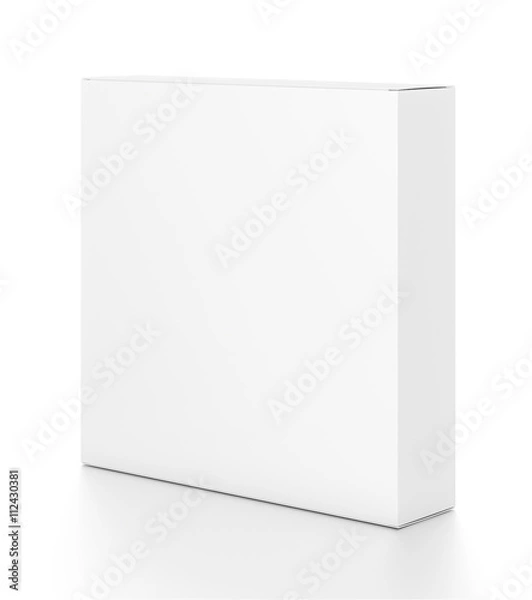 Fototapeta White thin rectangle blank box from side angle. 3D illustration isolated on white background.