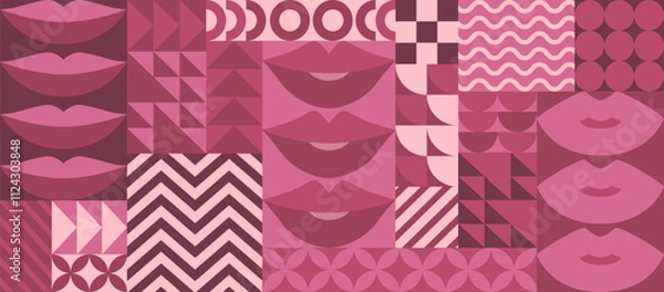 Fototapeta Valentines Day vector illustration with pink lips and bauhaus abstract geometric shapes background. Modern design pattern template for poster print, invitation, web banner, card, flyer