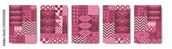 Fototapeta Valentines Day vector illustrations set with pink lips and bauhaus abstract geometric shapes backgrounds. Modern design pattern templates for poster print, invitation, web banner, card, flyer