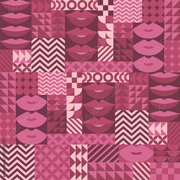 Fototapeta Valentines Day vector illustration with pink lips and bauhaus abstract geometric shapes background. Modern design seamless pattern template for poster, banner, card, flyer, wrapping