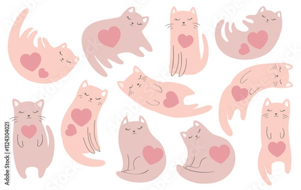 Fototapeta Vector Valentine Day illustration with cute hand drawn cats and hearts in pastel colors isolated on white background. Adorable animal design set for card print, wallpaper, poster, decoration
