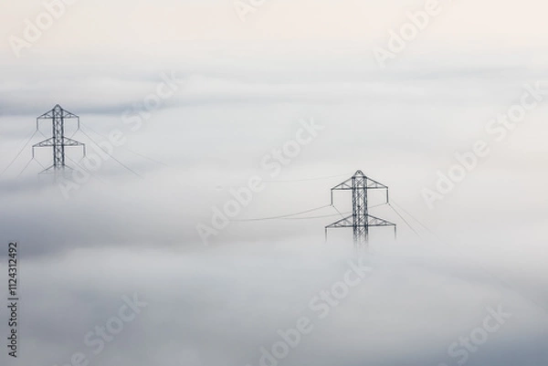 Fototapeta Fog-shrouded power lines.