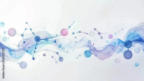 Fototapeta Horizontal banner featuring models of an abstract molecular structure with interconnected nodes and lines, representing futuristic technology, scientific research, and data visualization concepts.