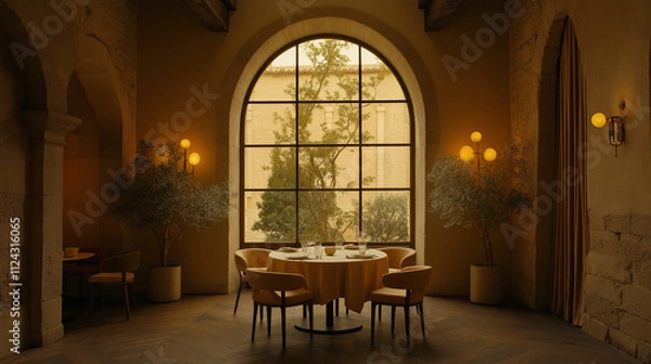 Fototapeta Elegant dining table in cozy arched-windowed restaurant interior