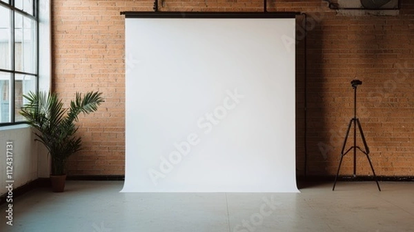 Fototapeta modern studio design sustainable concept. Empty studio space with a white backdrop and plant in a modern setting.