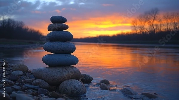 Obraz A peaceful riverbank at dusk, with a towering stack of stones silhouetted against the colorful twilight sky, reflecting the stillness and beauty of the moment 