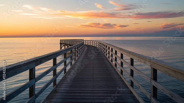 Fototapeta Serene Scene of Wooden Pier Extending Over Calm Waters at Sunset, Weathered Planks with Curved Design Leading to Horizon, Sky Reflecting on Water in Gradient Hues, Tranquil and Peaceful Ambiance