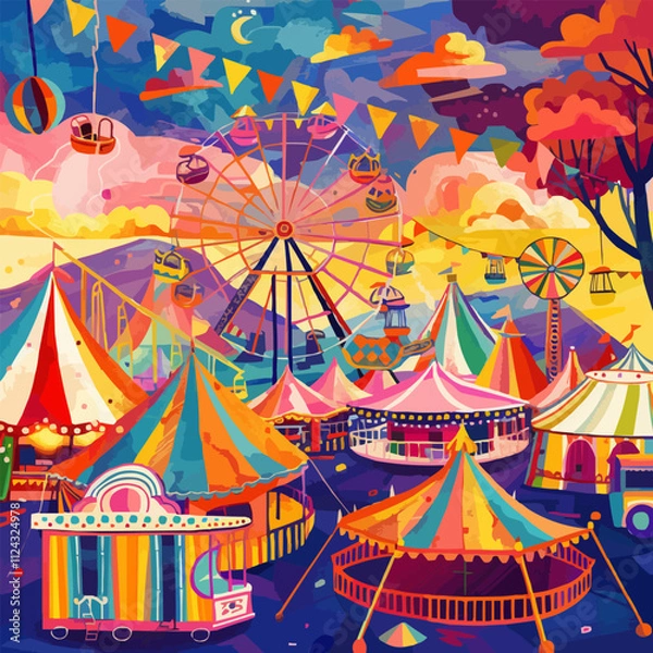 Fototapeta Design a vibrant carnival scene with rides, games, and colorful tents, great for festival and event advertisements, hand-drawn vector art.