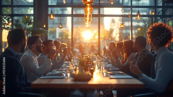 Fototapeta large group of people toasting and enjoying a formal dinner at a long table in a beautifully lit restaurant, with a stunning sunset visible through the glass windows.