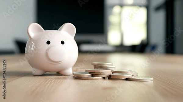 Obraz A cute piggy bank sits beside scattered coins on a wooden surface, symbolizing saving and financial management.