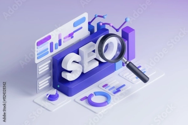 Obraz 3D illustration of SEO optimization, analytics, and data analysis for website improvement.