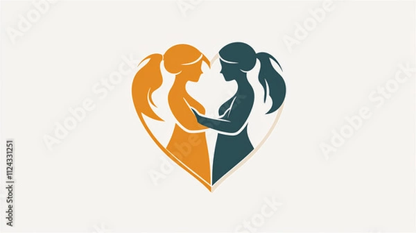 Fototapeta Valentine's Day and LGBTQ concept. Two green and yellow women stand together on a yellow background and heart shape. Love is love. Generative AI.
