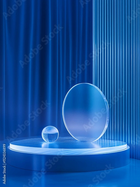 Obraz Abstract glass composition with blue lighting, featuring a disk and sphere on a circular platform for displays or backgrounds.