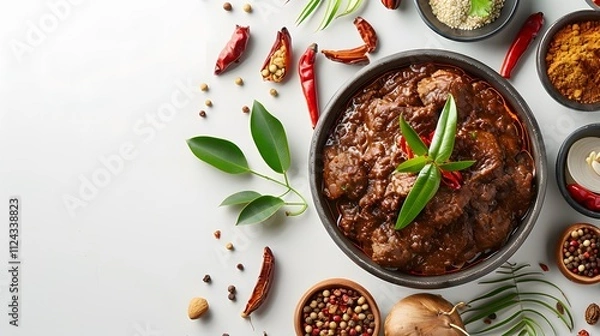 Fototapeta Typical Indonesian food rendang on a white background with copy space