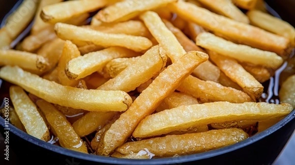 Obraz A close-up of golden, crispy French fries piled in a bowl, showcasing their texture and appetizing appearance.