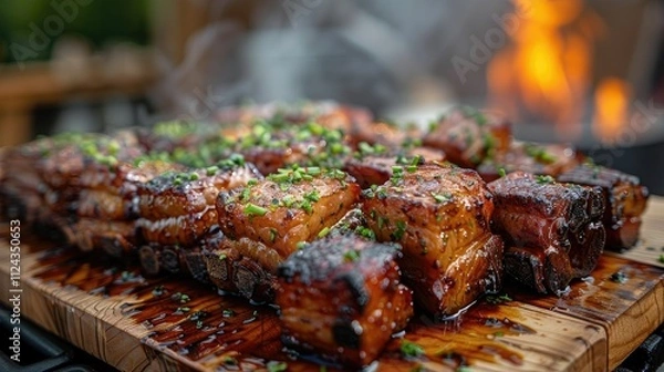 Fototapeta Close-up of delicious grilled pork belly cubes on a wooden board, glistening with glaze and garnished with fresh herbs, set against a blurred background of fire.
