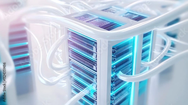 Fototapeta White and blue abstract network on server room data center 3D rendering, connection network data center room storage systems.